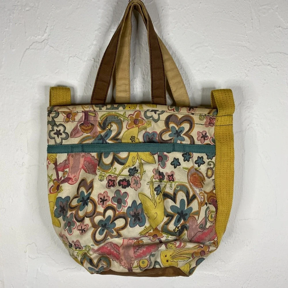 Vintage Y2K Lucky Brand Bag Canvas Tote Shoulder Cotton Floral Hippie 70s Groovy